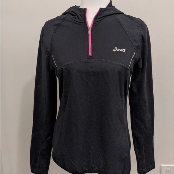 Women's ASICS Long Sleeve 1/4 Zip Top Black Pink Medium Hooded Heat Gear Running - Picture 1 of 5